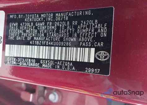 2019 Toyota Avalon Xse from USA, damaged, VIN 4T1BZ1FB4KU009286